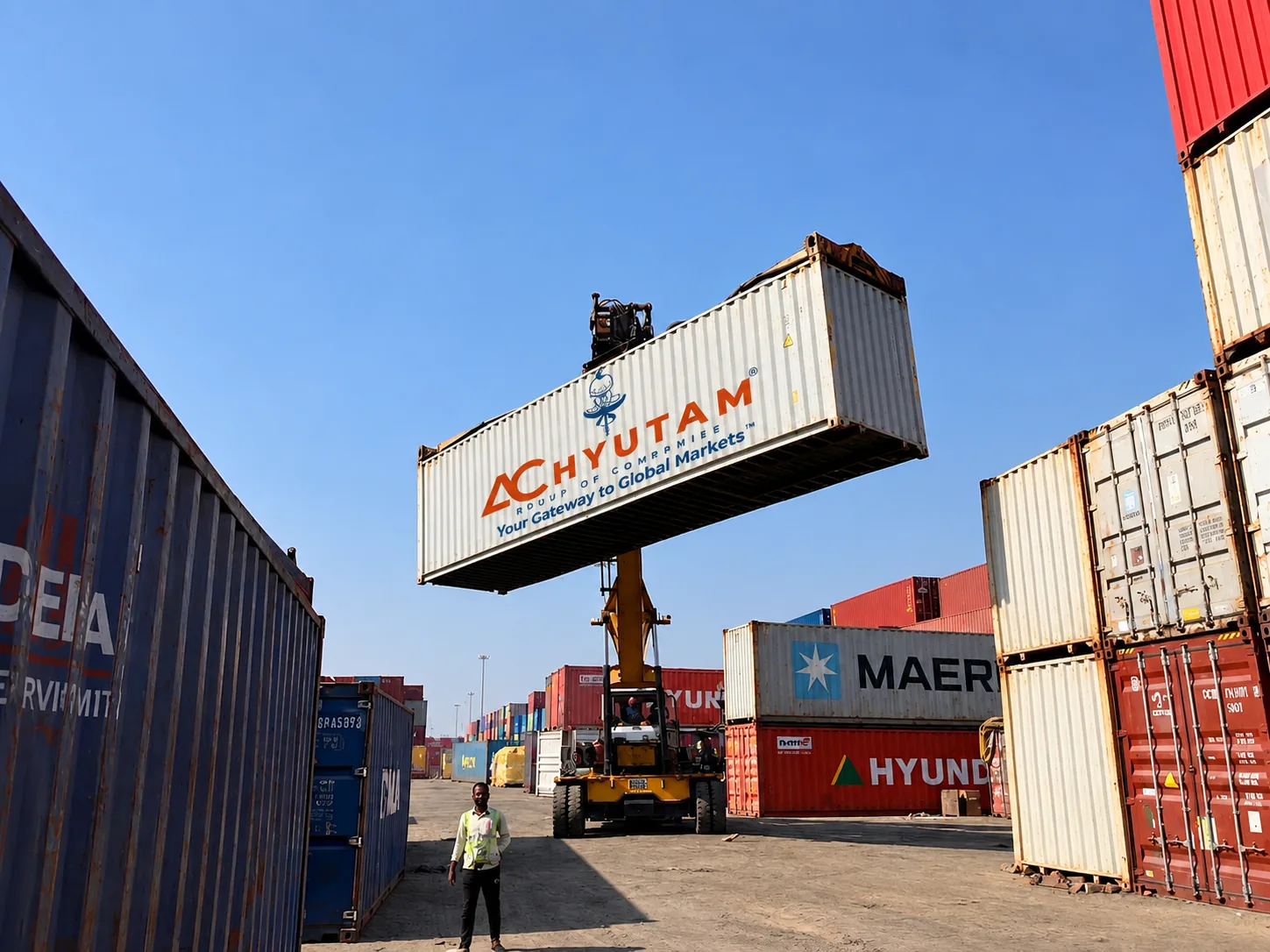 Achyutam branded container being handled at a port yard