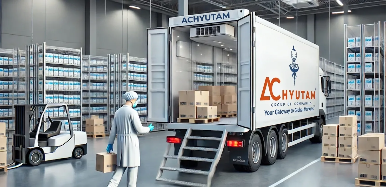 Achyutam branded truck loading pharma cold-chain cargo in a warehouse